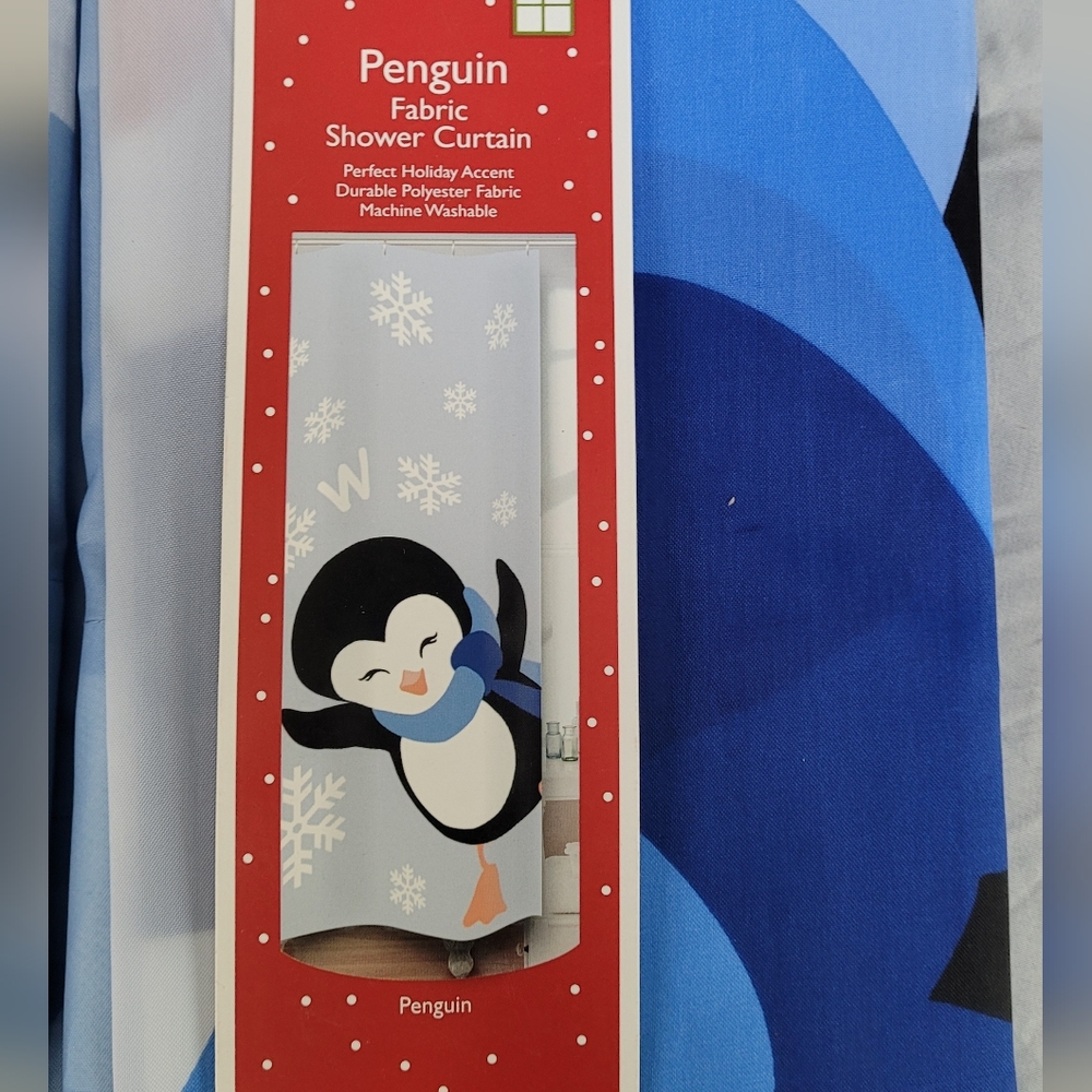 Penguin fabric shower curtain snowy playful penguin let it snow blue